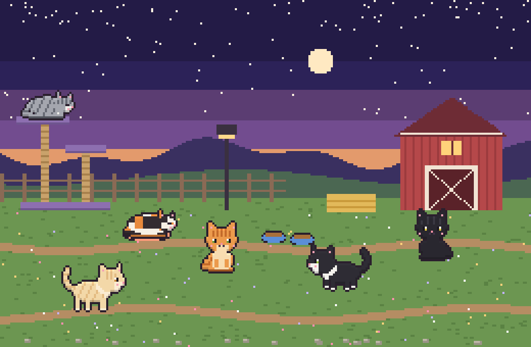 A pixel-art farm at dusk with a red barn, a lamp post and six rescued cats napping, sitting and walking around